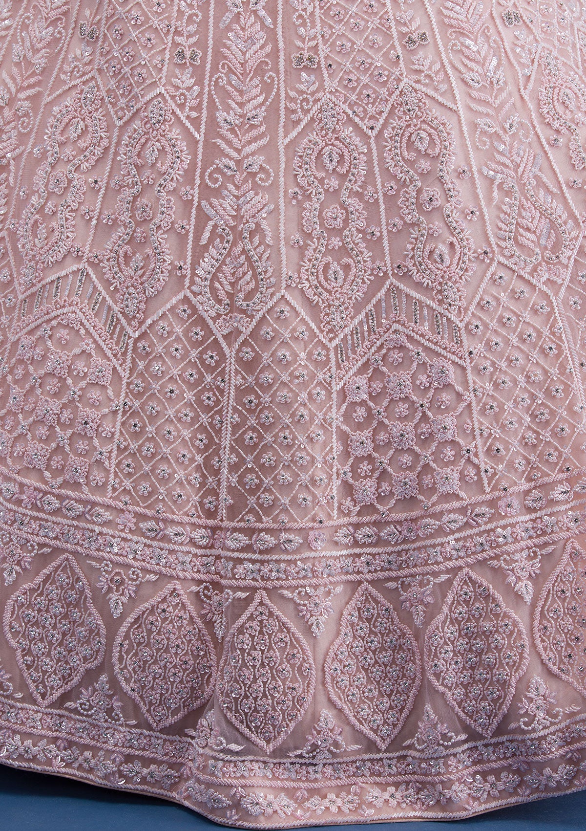 Peach Pearlwork Net Readymade Lehenga-Koskii