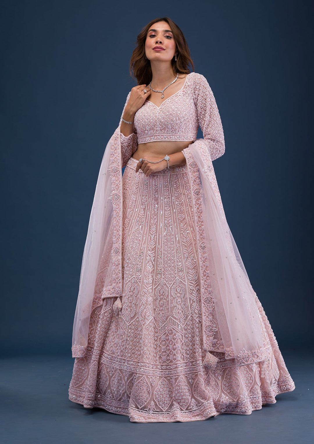 Peach Pearlwork Net Readymade Lehenga-Koskii