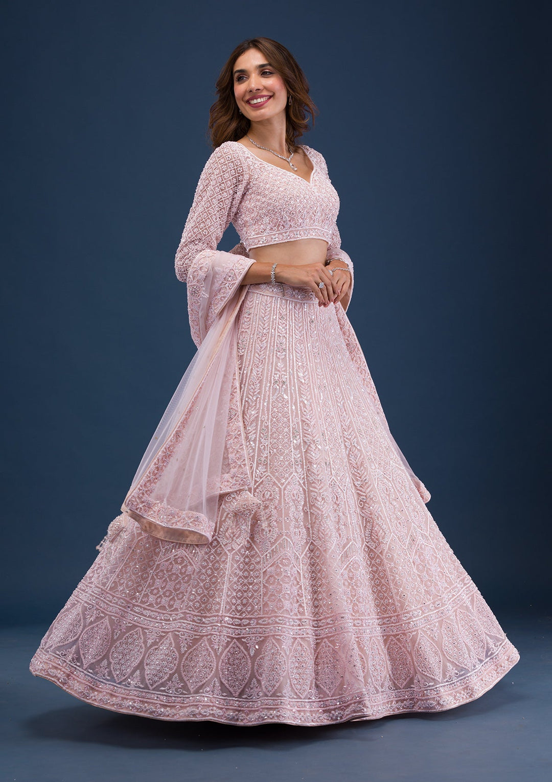 Peach Pearlwork Net Readymade Lehenga-Koskii