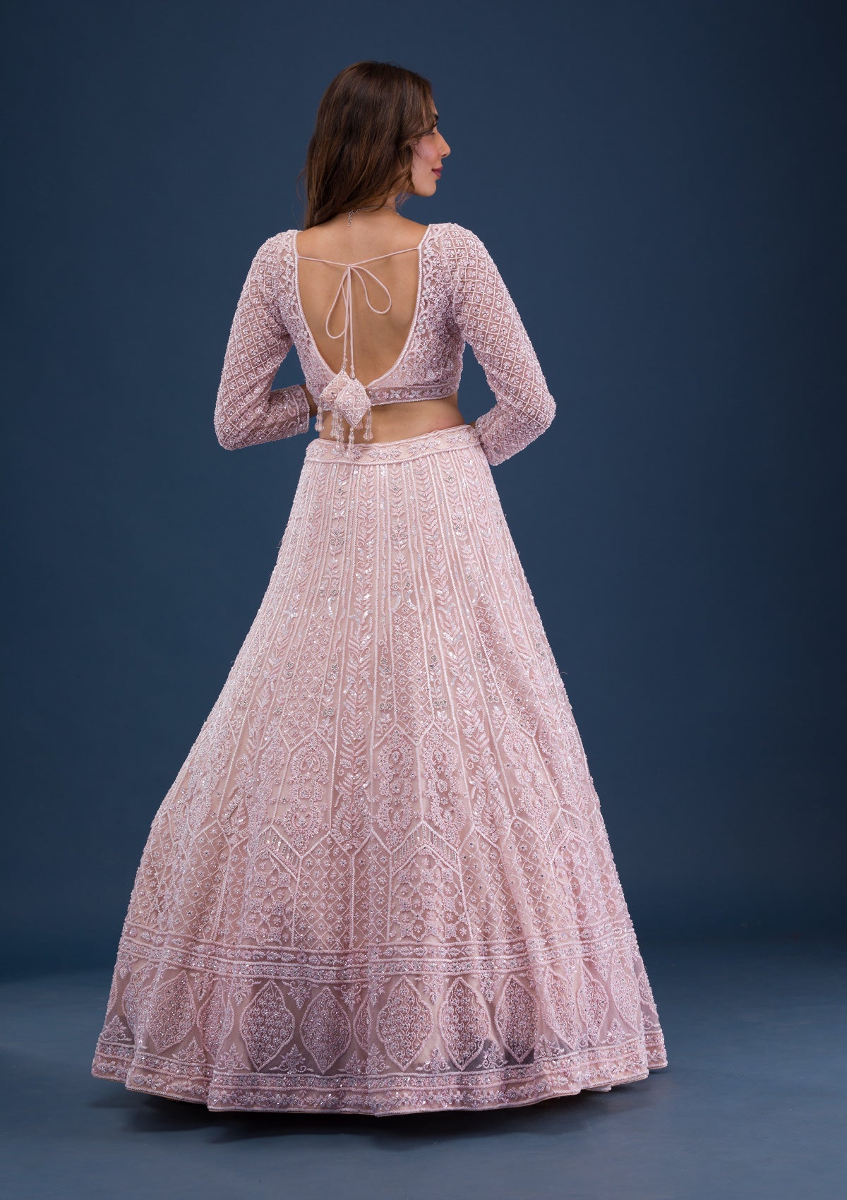 Peach Pearlwork Net Readymade Lehenga-Koskii