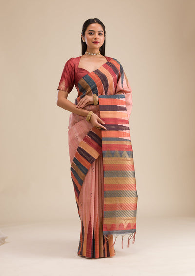 Peach Printed Art Silk Saree-Koskii