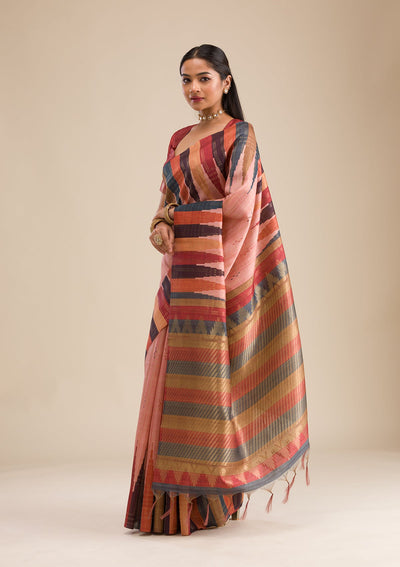 Peach Printed Art Silk Saree-Koskii