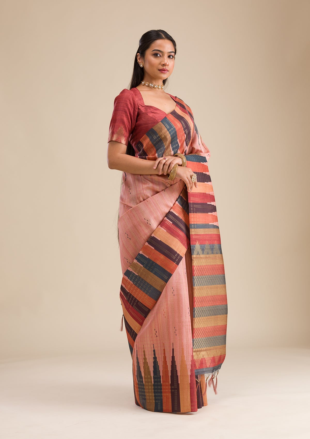 Peach Printed Art Silk Saree-Koskii