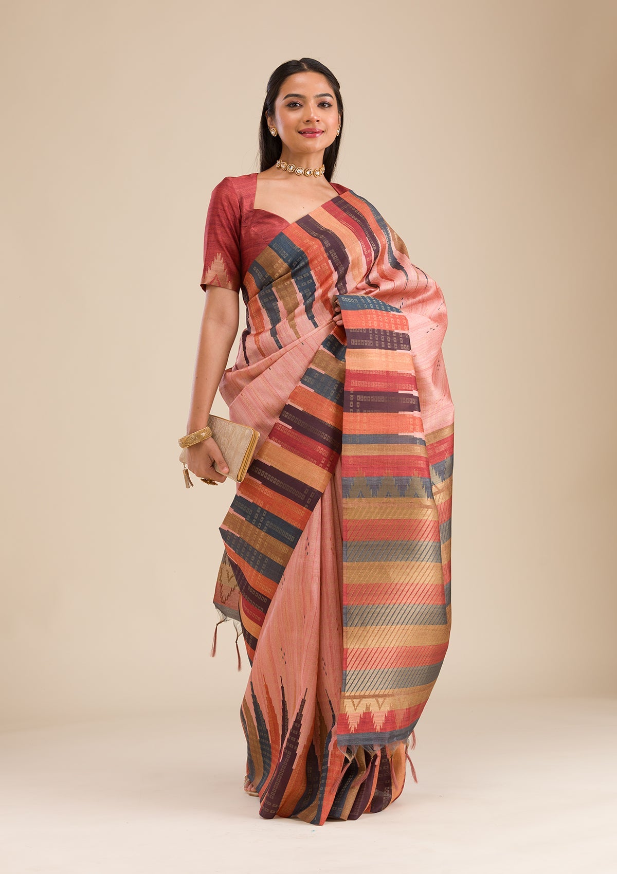 Peach Printed Art Silk Saree-Koskii