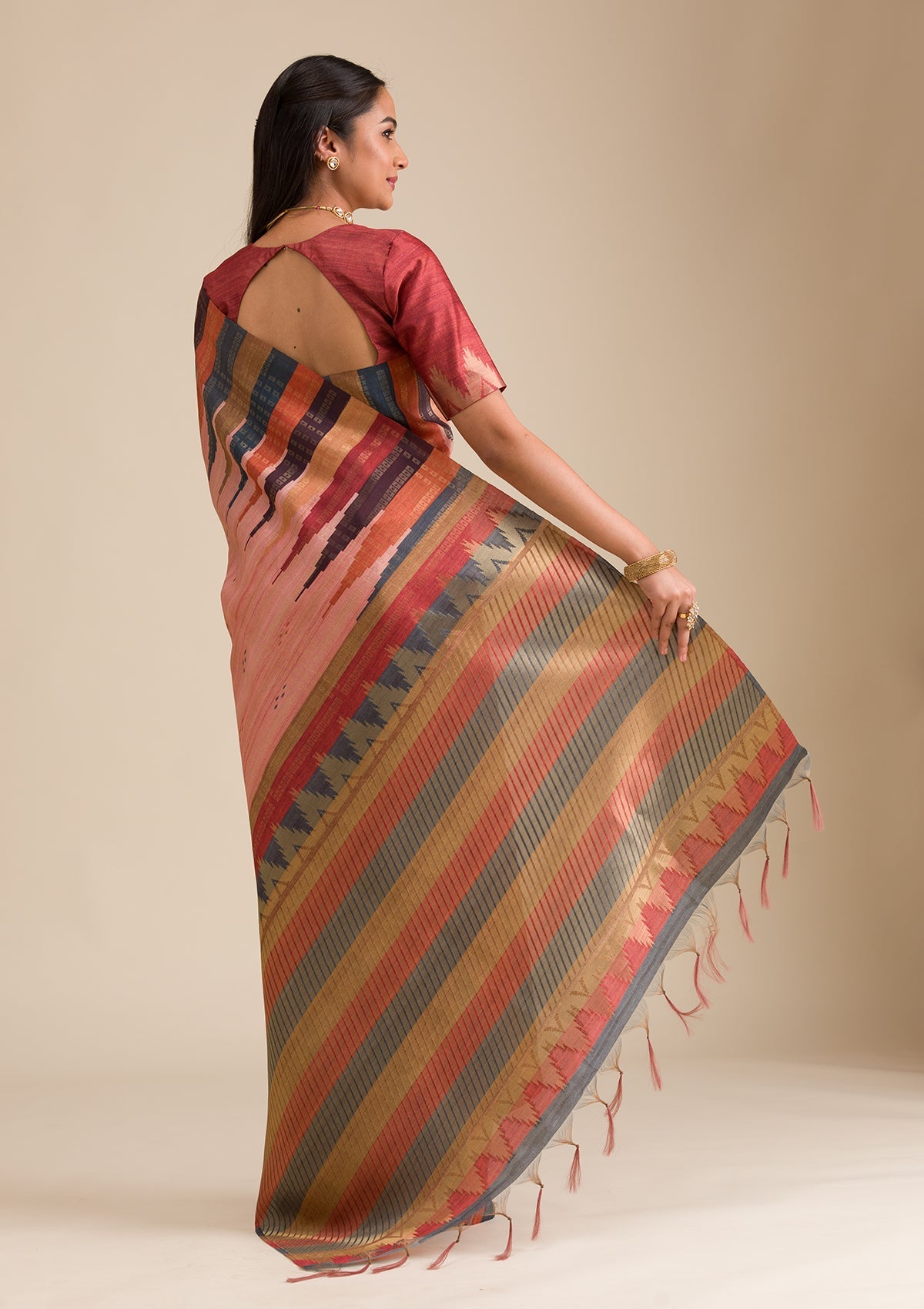 Peach Printed Art Silk Saree-Koskii