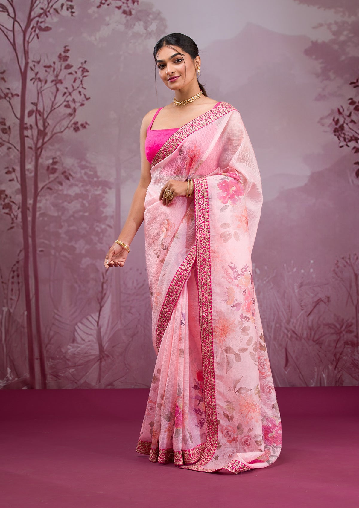 Peach Printed Georgette Saree-Koskii