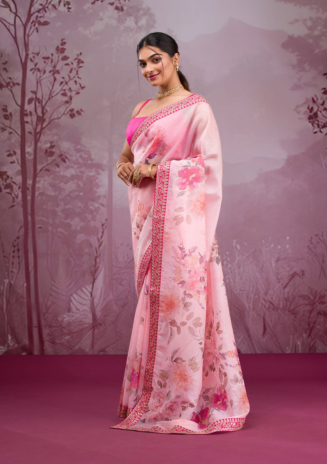 Peach Printed Georgette Saree-Koskii