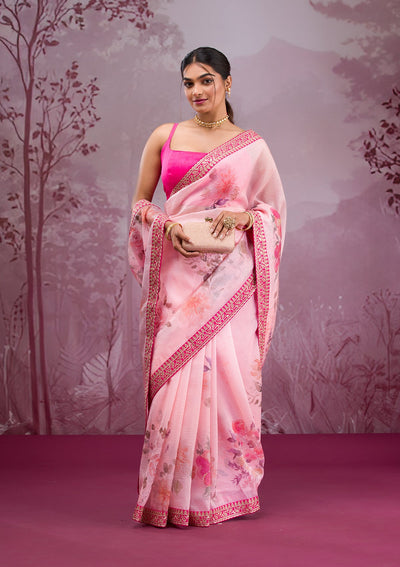 Peach Printed Georgette Saree-Koskii