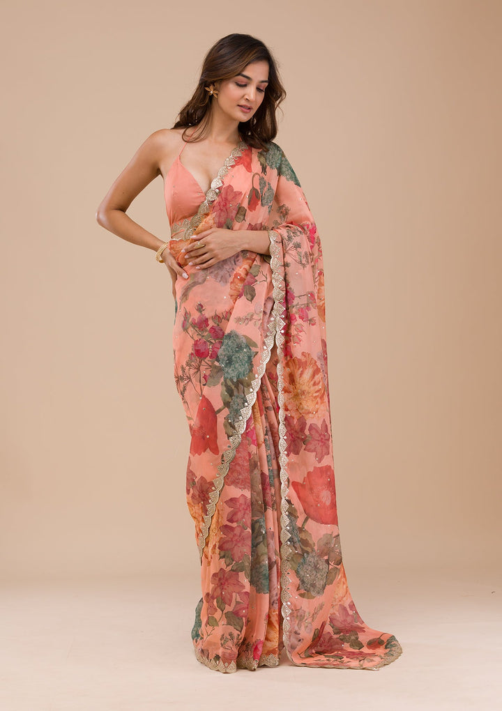 Peach Printed Organza Saree-Koskii