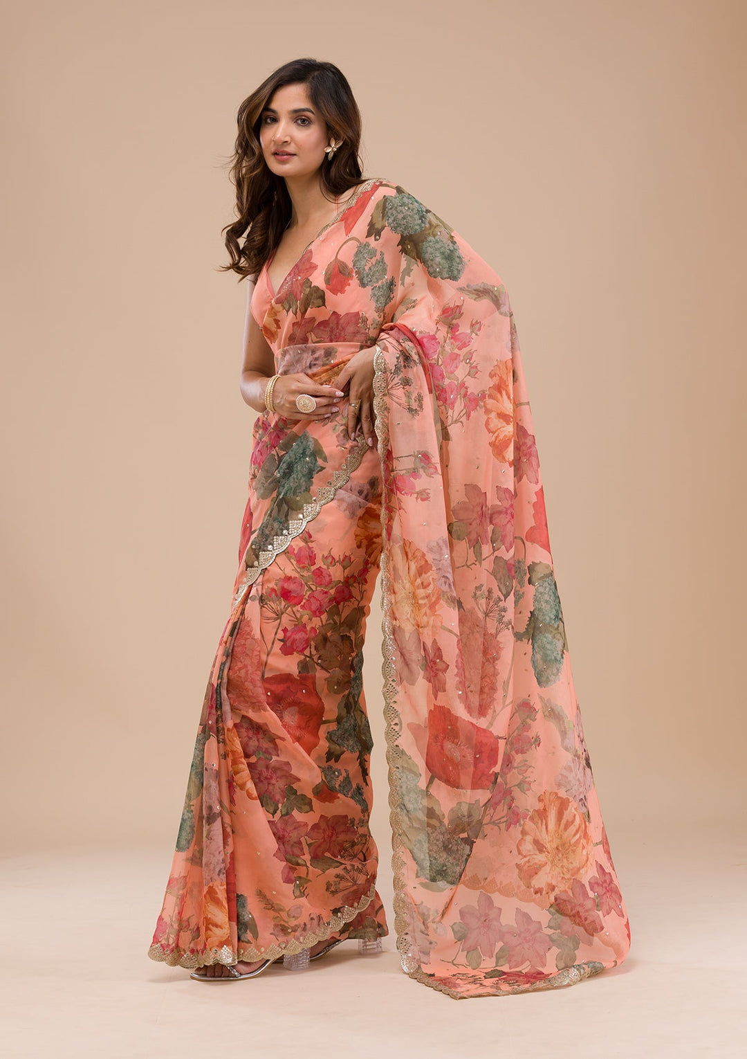 Peach Printed Organza Saree-Koskii