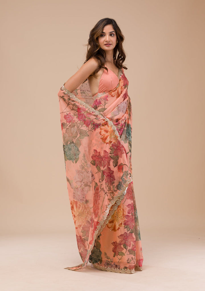 Peach Printed Organza Saree-Koskii