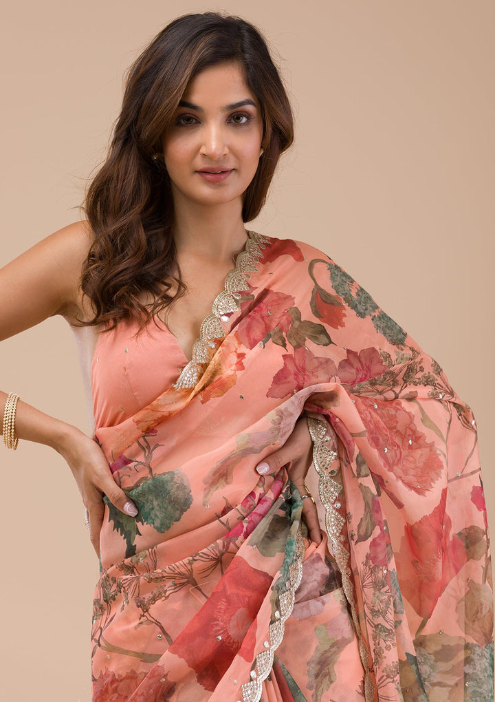 Peach Printed Organza Saree-Koskii