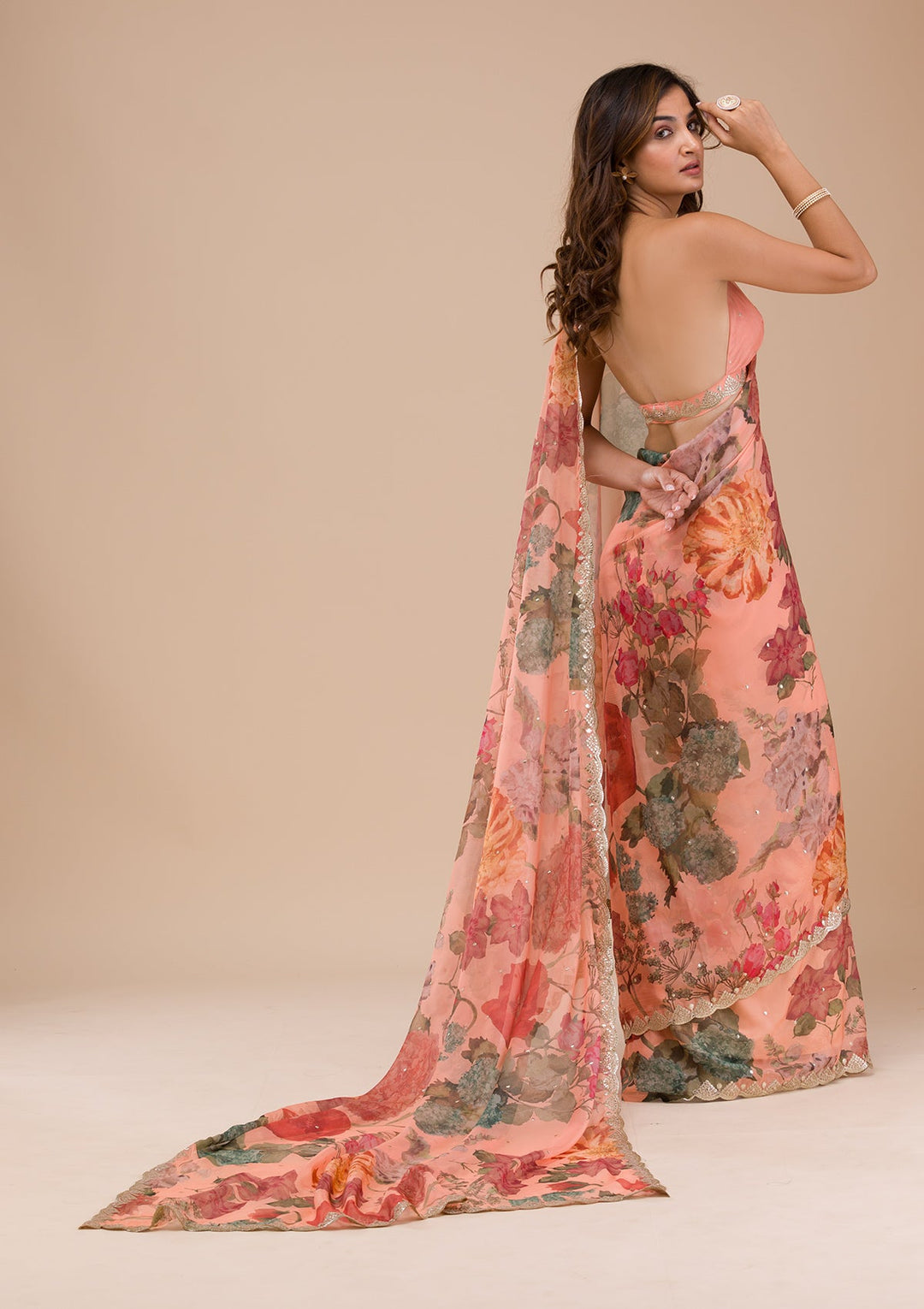 Peach Printed Organza Saree-Koskii
