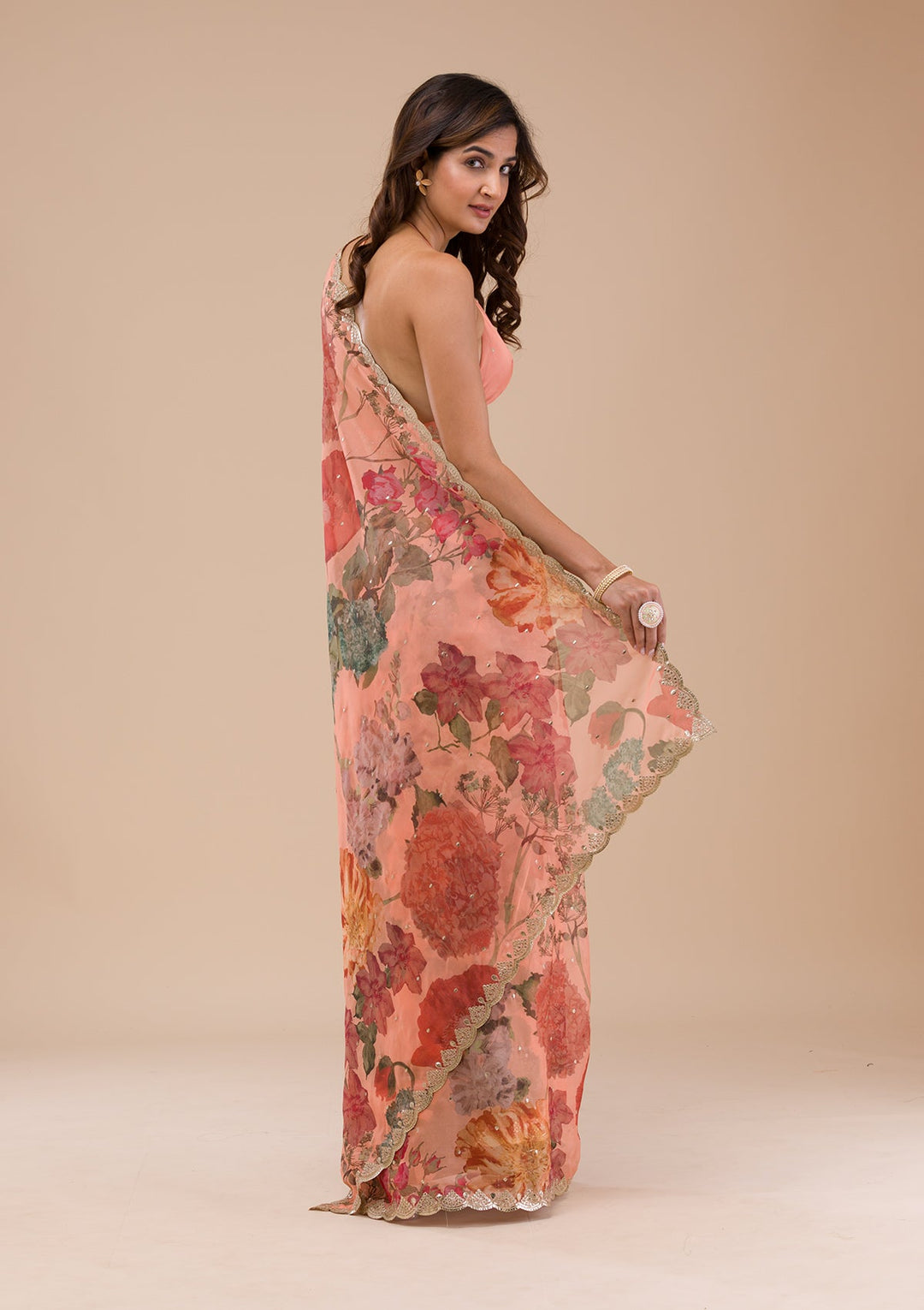 Peach Printed Organza Saree-Koskii