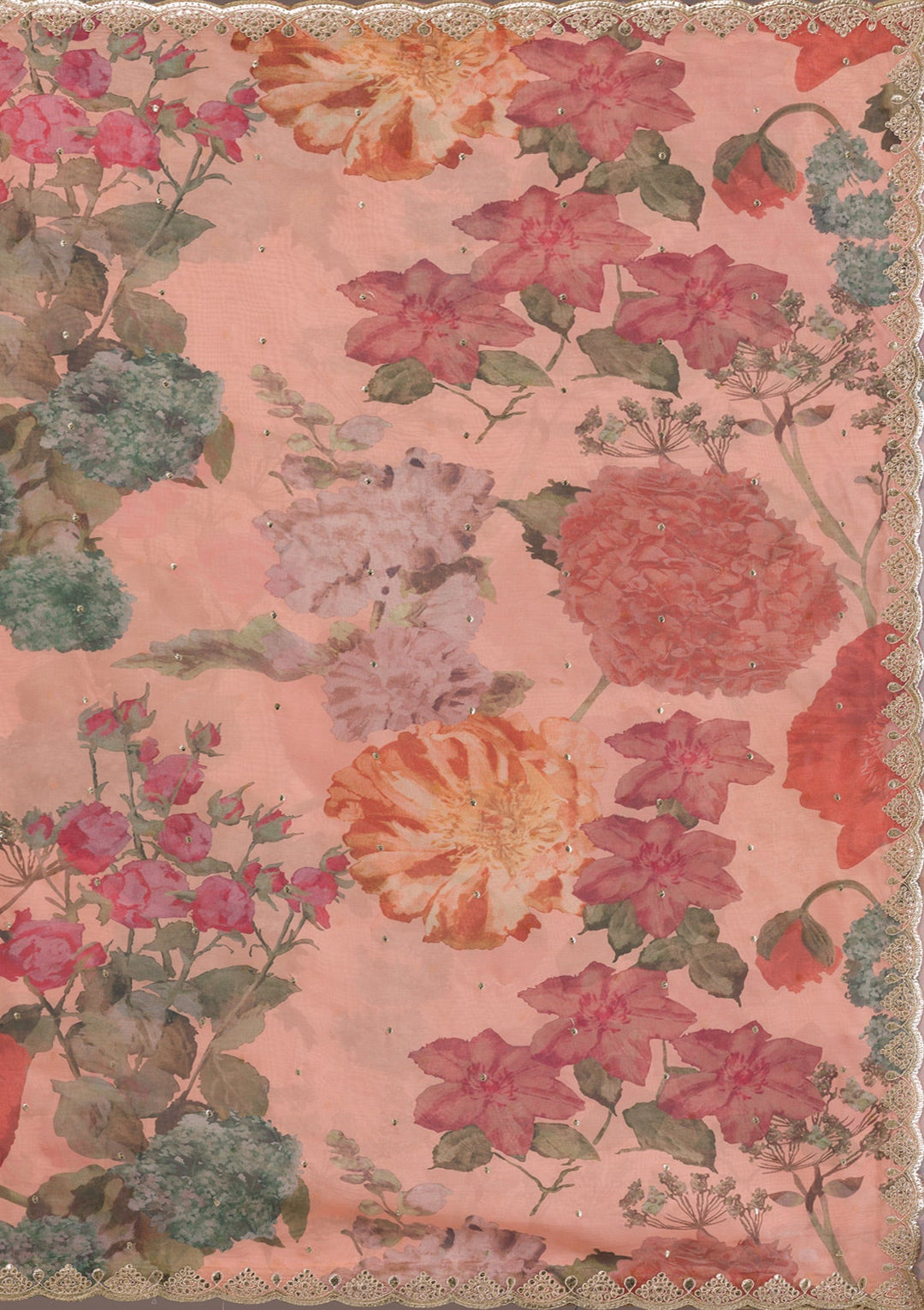 Peach Printed Organza Saree-Koskii