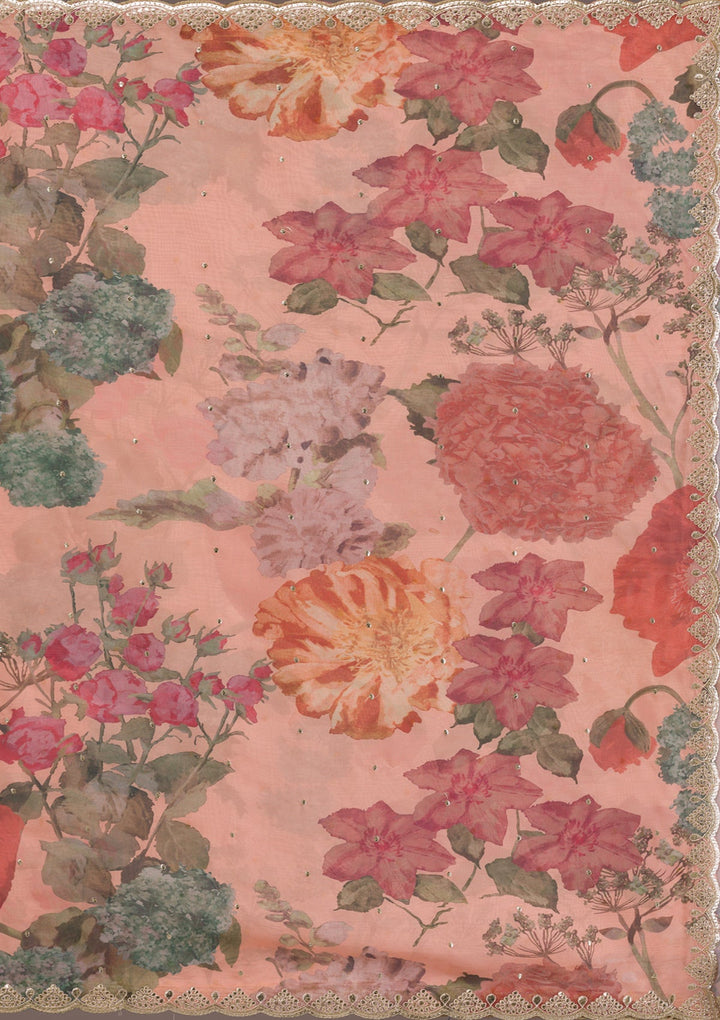 Peach Printed Organza Saree-Koskii