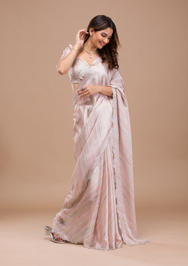Peach Printed Satin Saree-Koskii