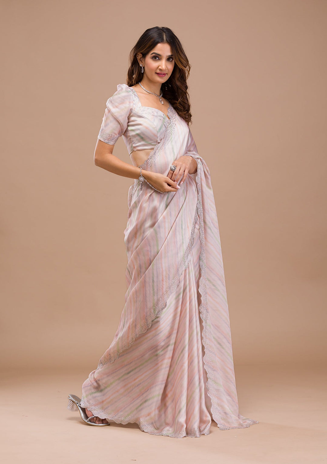 Peach Printed Satin Saree-Koskii