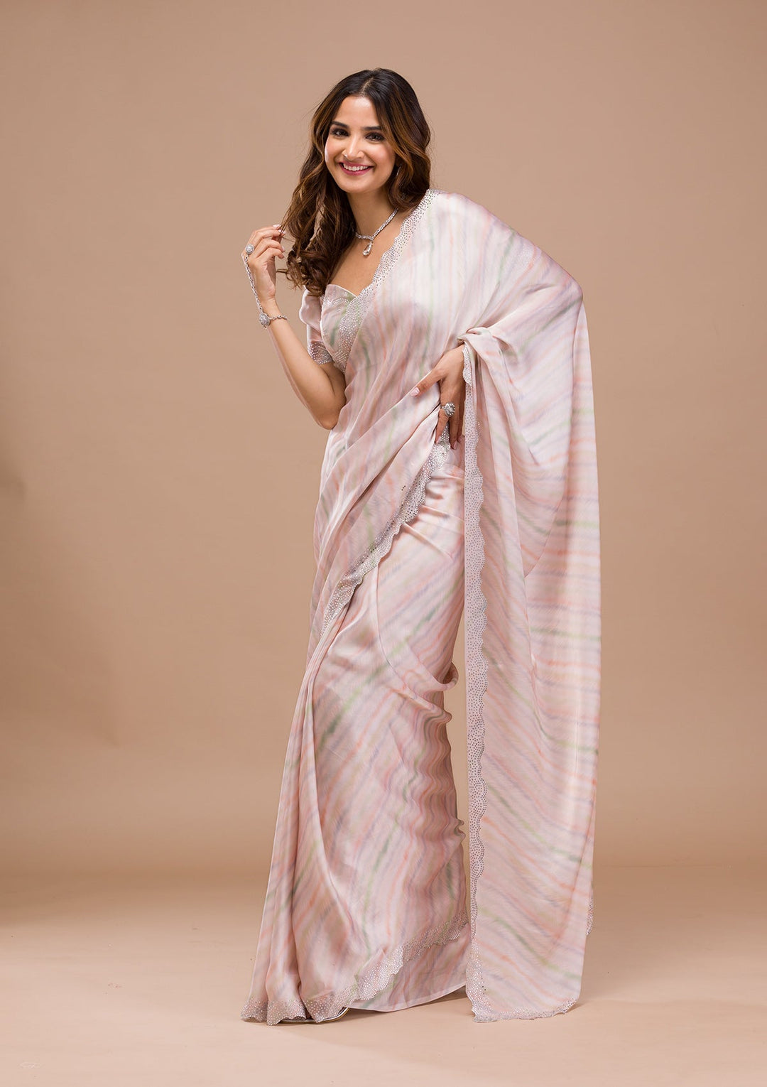 Peach Printed Satin Saree-Koskii