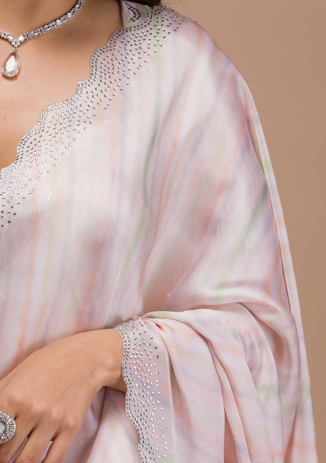 Peach Printed Satin Saree-Koskii