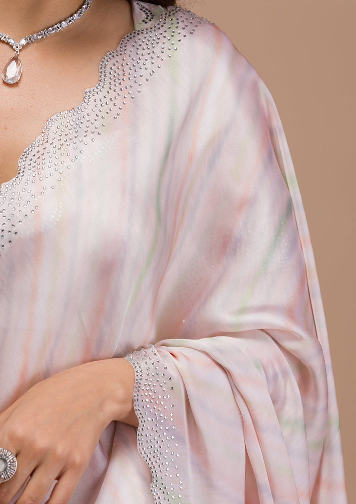 Peach Printed Satin Saree-Koskii