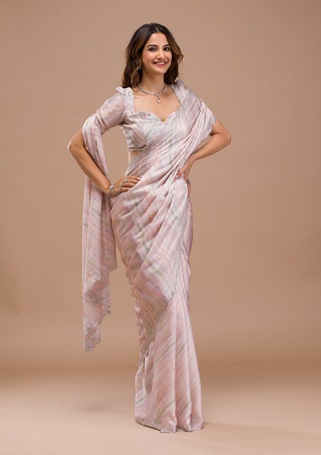 Peach Printed Satin Saree-Koskii
