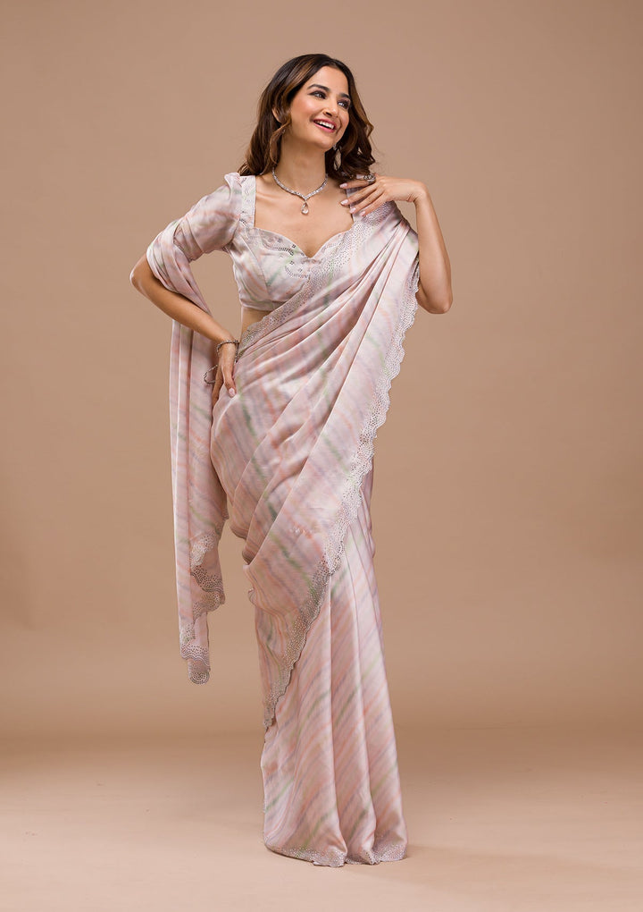 Peach Printed Satin Saree-Koskii