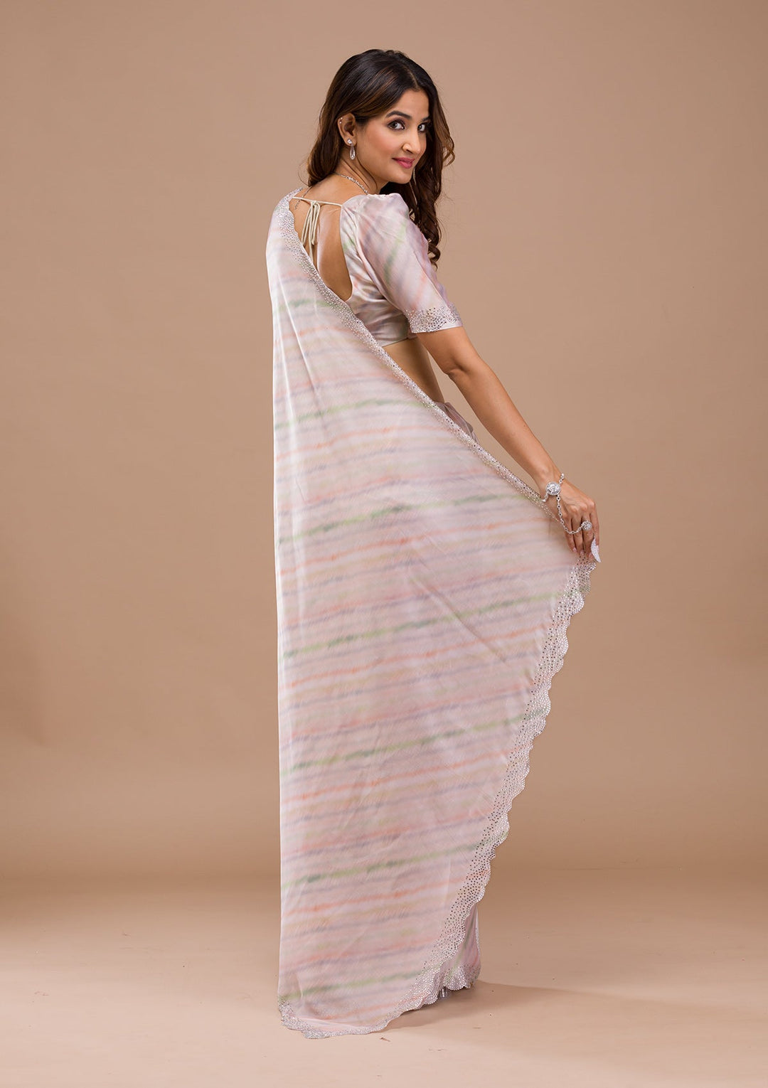 Peach Printed Satin Saree-Koskii