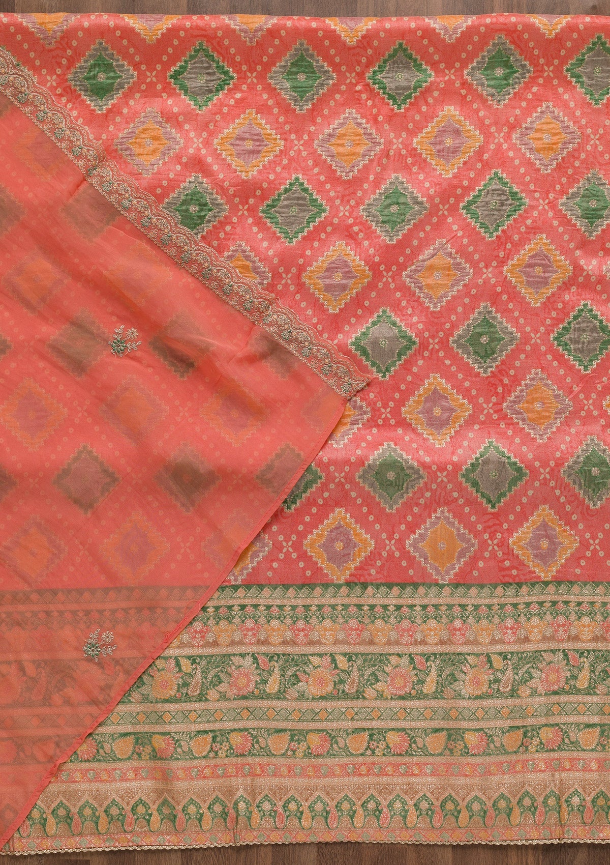 Peach Printed Semi Crepe Unstitched Salwar Suit-Koskii