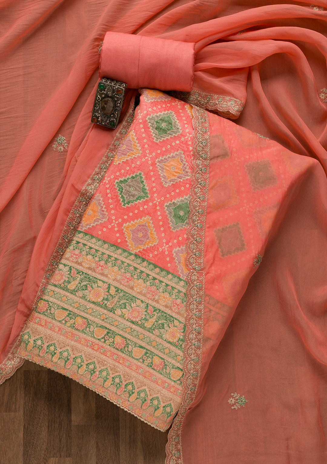 Peach Printed Semi Crepe Unstitched Salwar Suit-Koskii