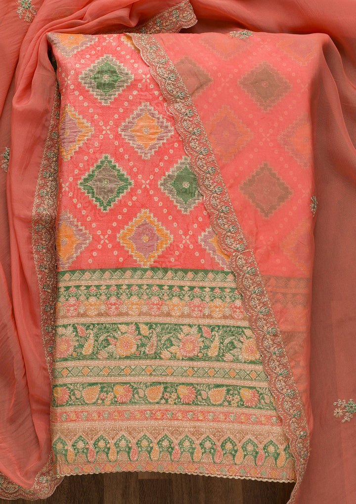 Peach Printed Semi Crepe Unstitched Salwar Suit-Koskii