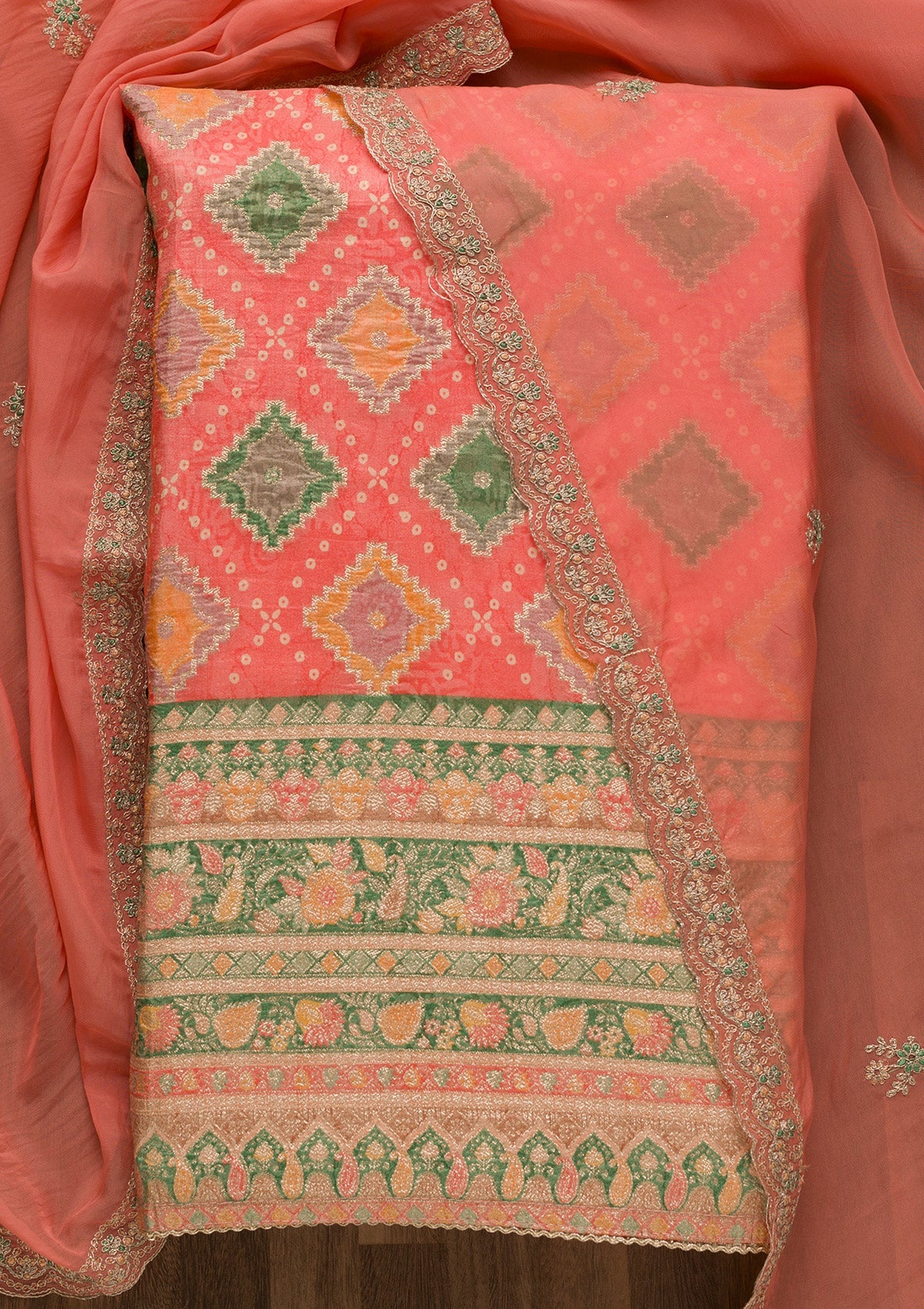 Peach Printed Semi Crepe Unstitched Salwar Suit-Koskii