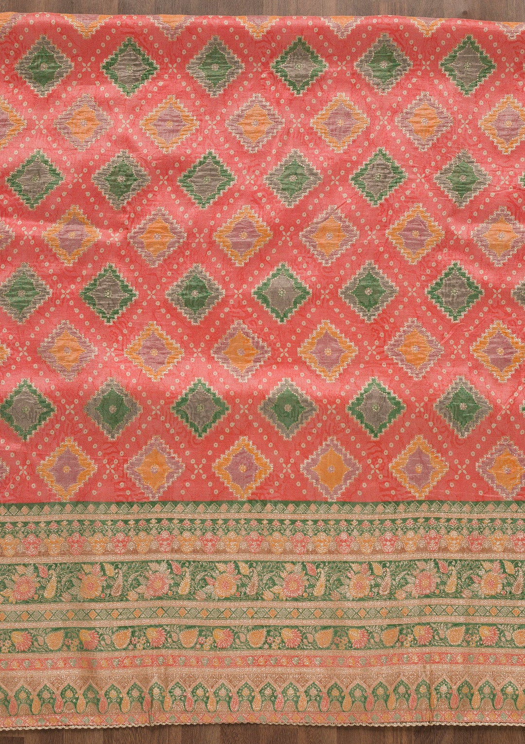 Peach Printed Semi Crepe Unstitched Salwar Suit-Koskii