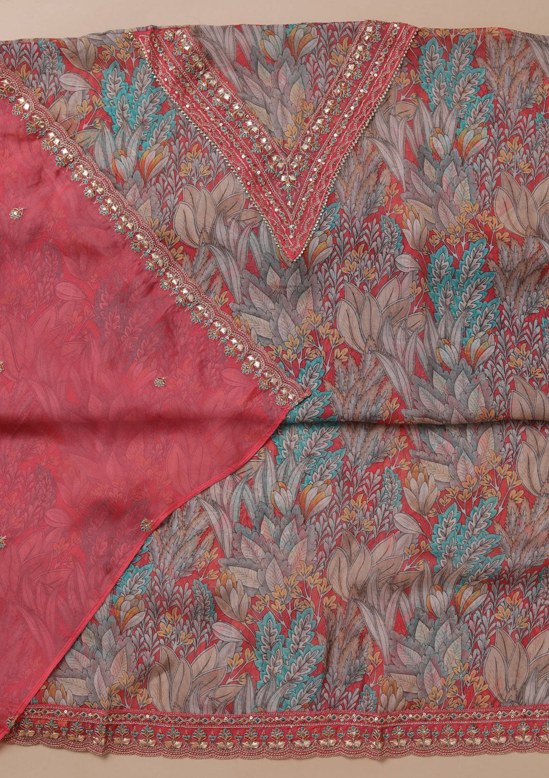 Peach Printed Semi Crepe Unstitched Salwar Suit-Koskii
