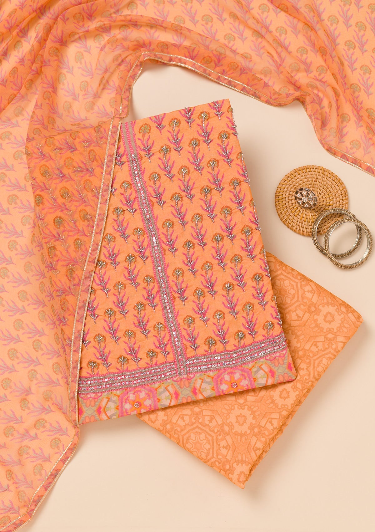 Peach Printed Semi Crepe Unstitched Salwar Suit-Koskii