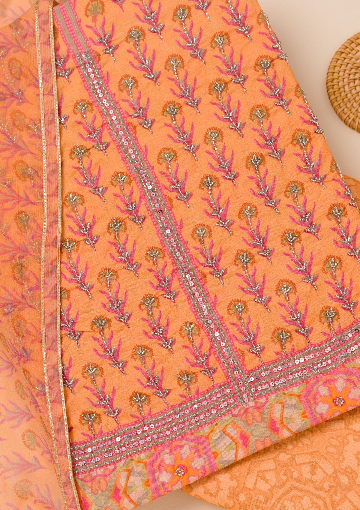 Peach Printed Semi Crepe Unstitched Salwar Suit-Koskii