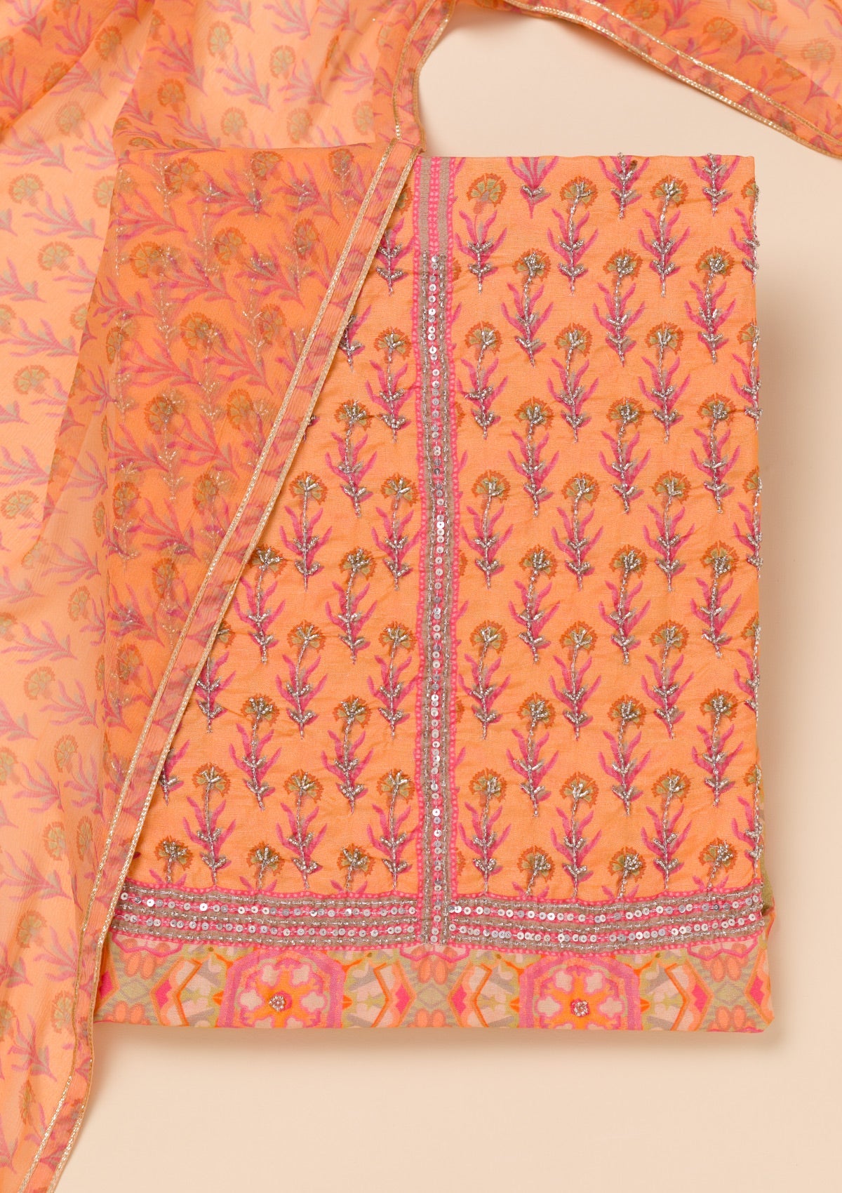 Peach Printed Semi Crepe Unstitched Salwar Suit-Koskii