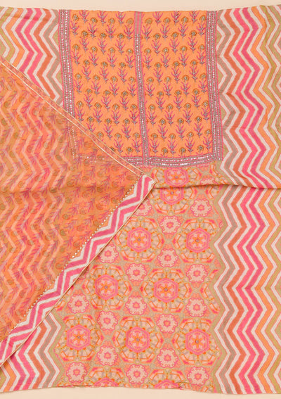 Peach Printed Semi Crepe Unstitched Salwar Suit-Koskii