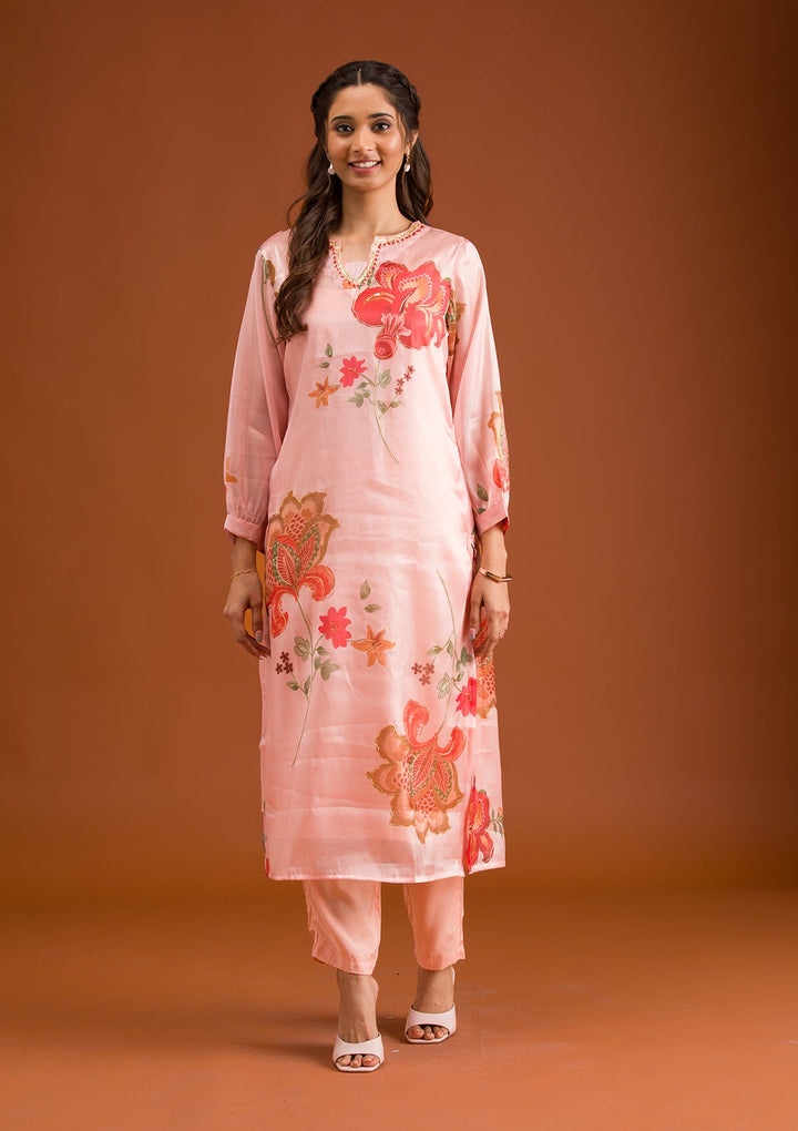 Peach Printed Tissue Readymade Salwar Suit-Koskii