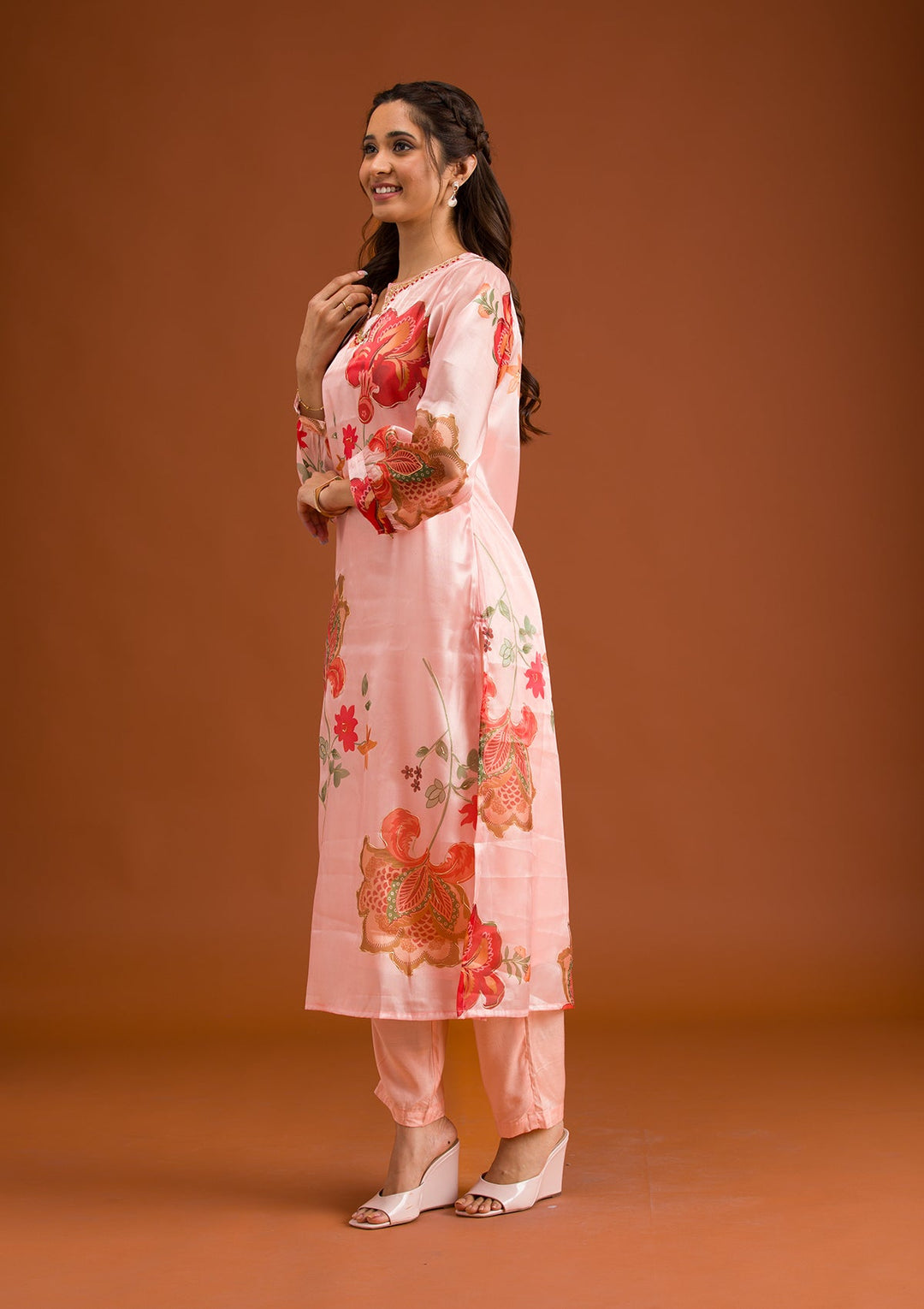 Peach Printed Tissue Readymade Salwar Suit-Koskii