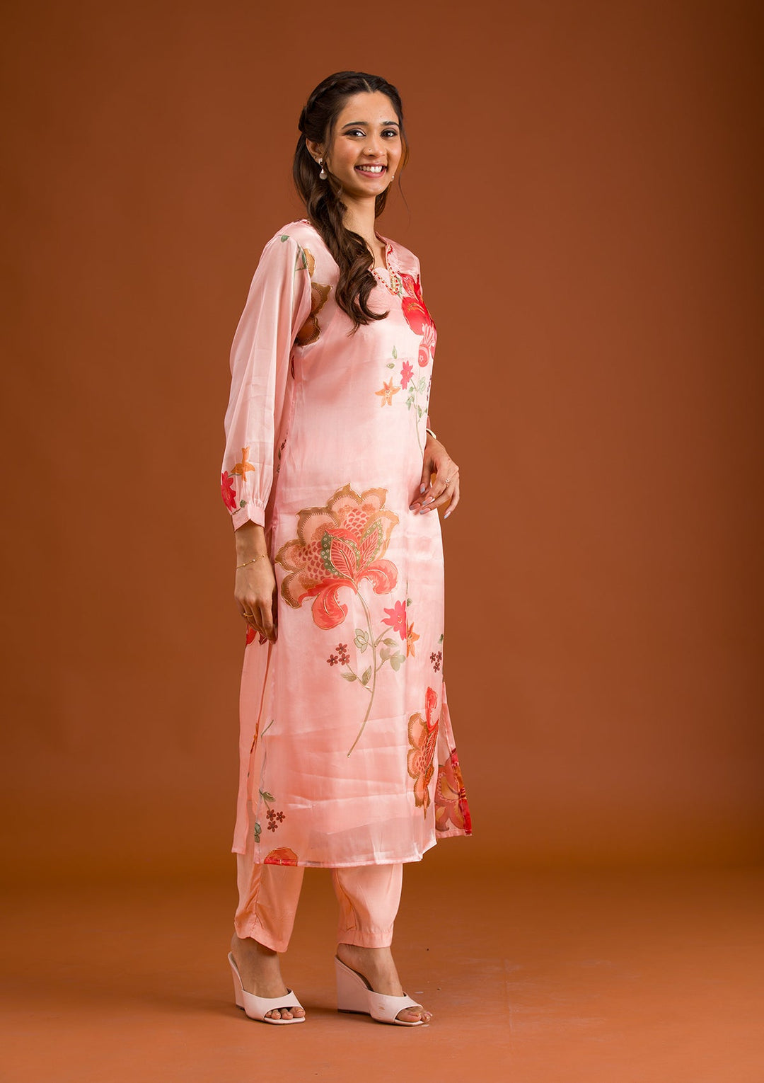 Peach Printed Tissue Readymade Salwar Suit-Koskii