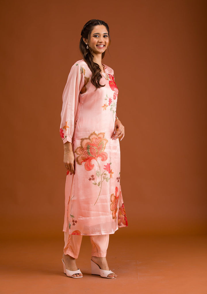 Peach Printed Tissue Readymade Salwar Suit-Koskii