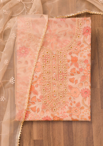 Peach Printed Tissue Unstitched Salwar Suit-Koskii