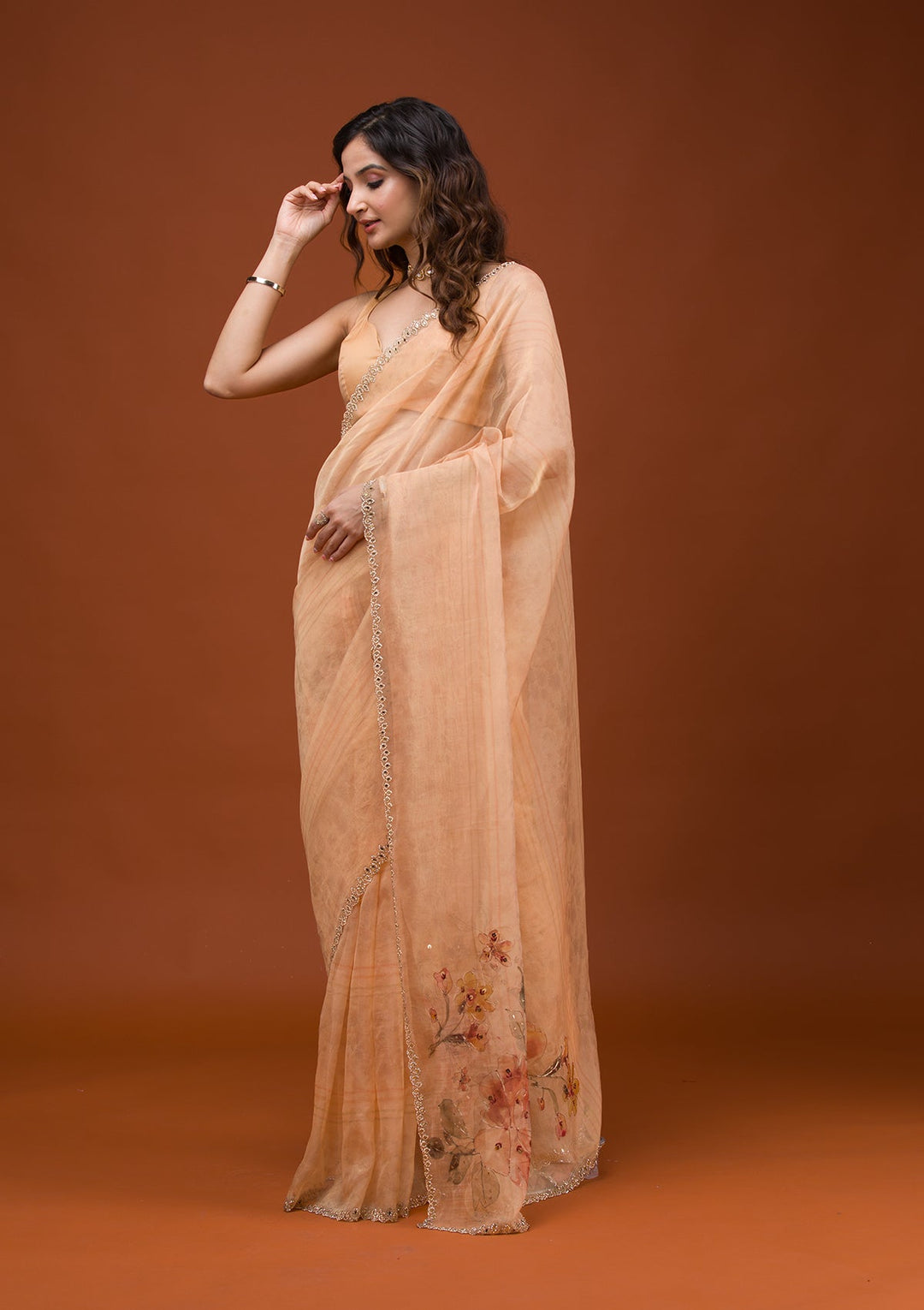 Peach Printed Tissue Saree-Koskii
