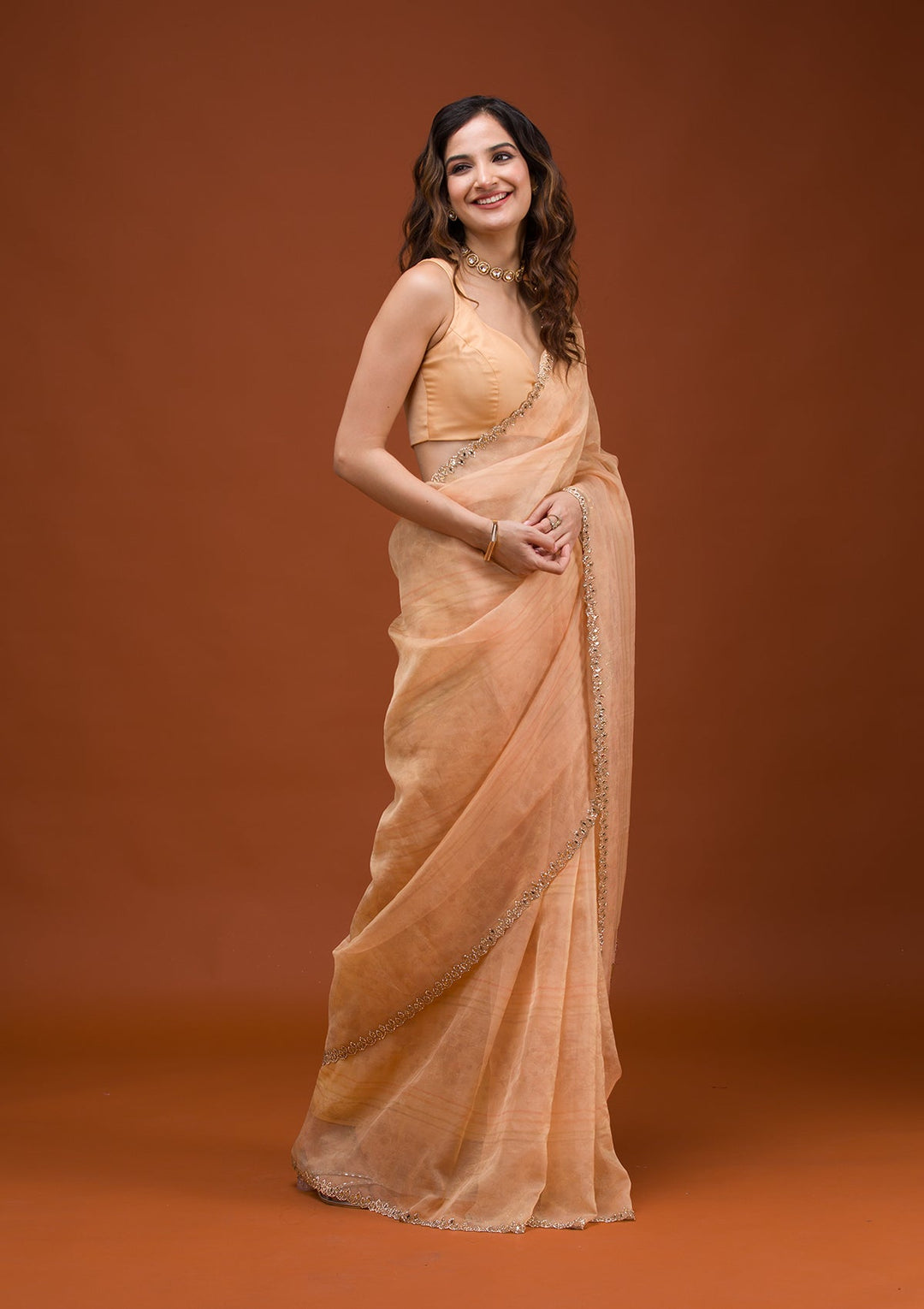 Peach Printed Tissue Saree-Koskii