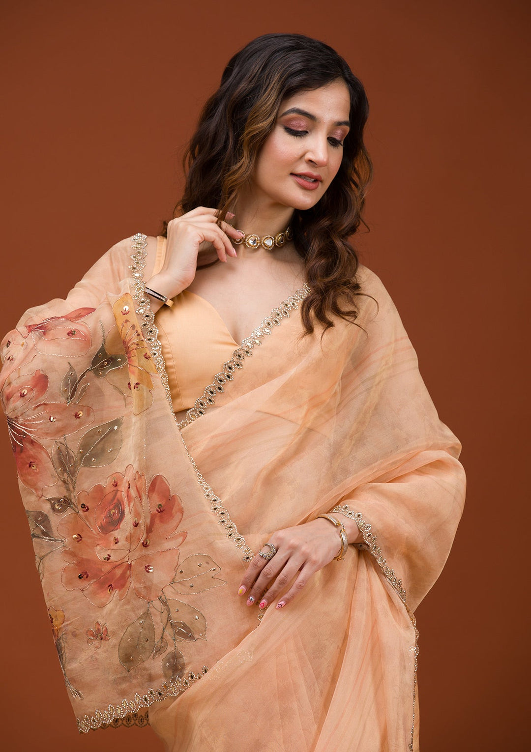 Peach Printed Tissue Saree-Koskii
