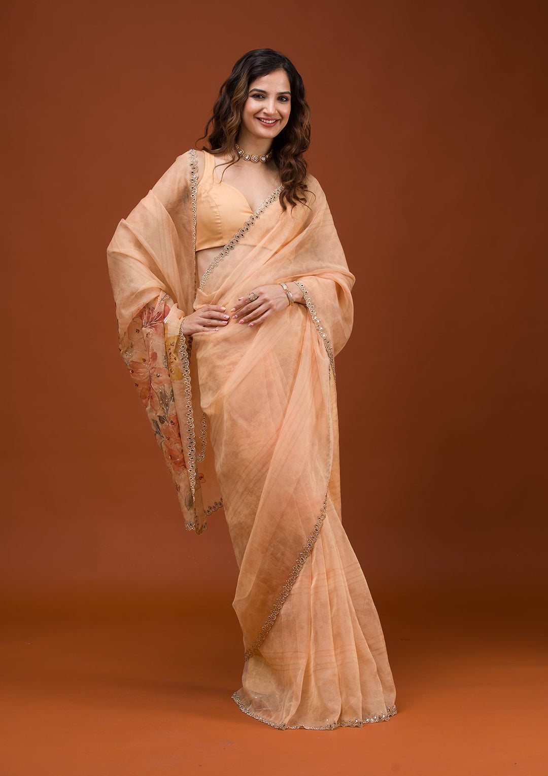 Peach Printed Tissue Saree-Koskii