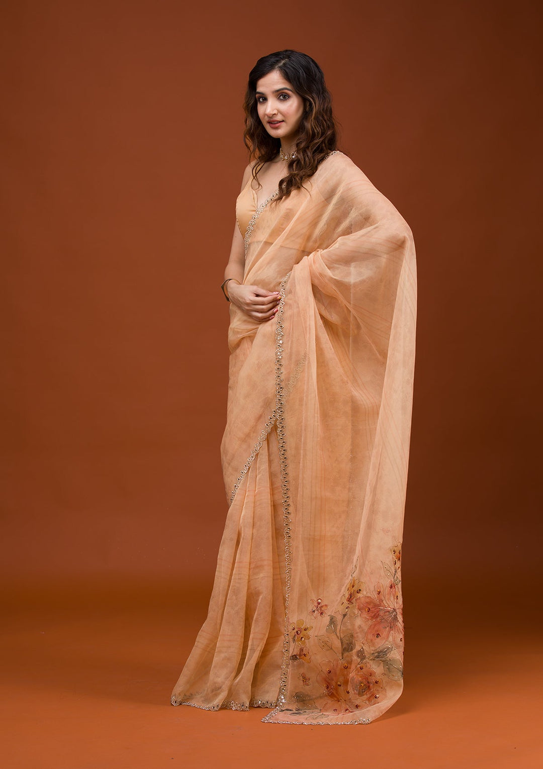 Peach Printed Tissue Saree-Koskii