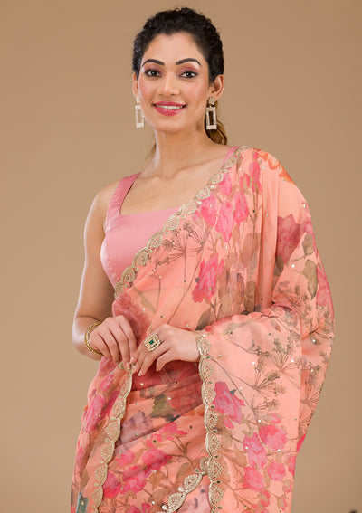 Peach Printed Tissue Saree