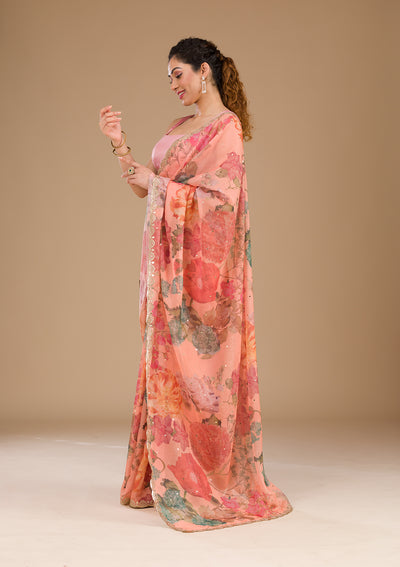 Peach Printed Tissue Saree